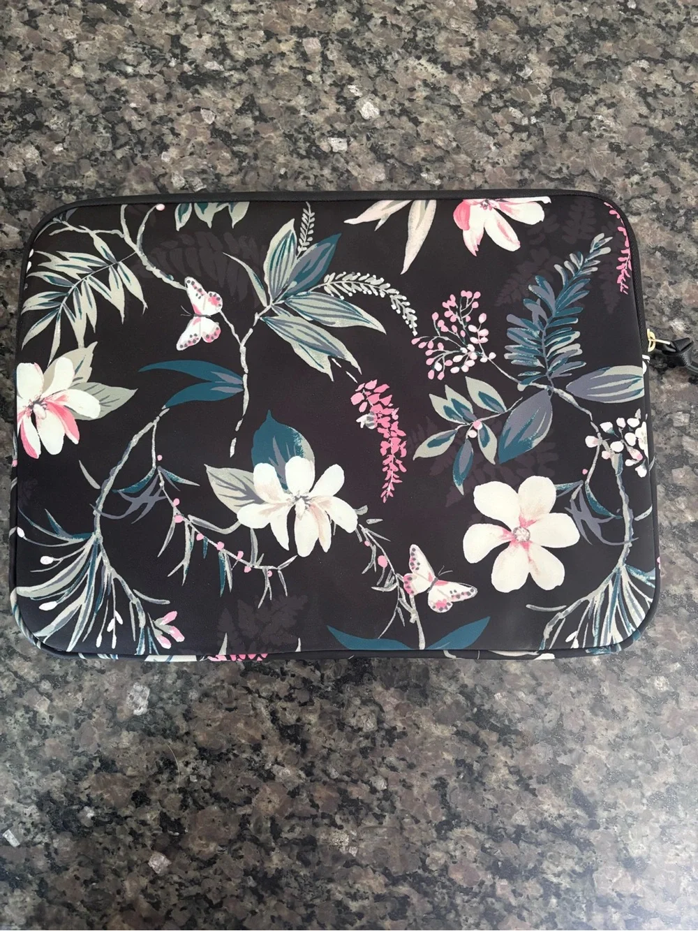 kate spade Black Floral Nylon Padded Laptop Sleeve with Pink & Cream Blooms